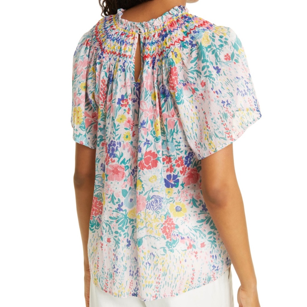 Banjanan Anthropologie floral Sofia top flutter sleeve smocked yoke button back - Picture 2 of 13
